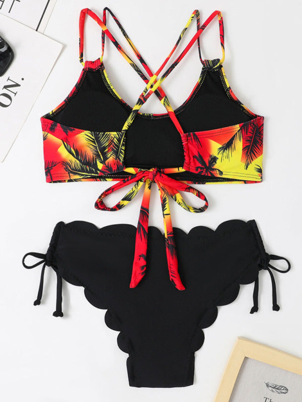 Women's Coconut Tree Print Laser Cut Bikini Top With Matching Flower Petals Pattern Bottom Split Bikini Set