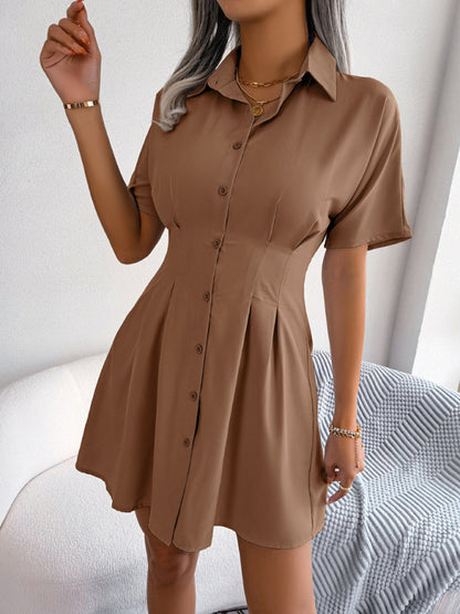 Women's Solid Color Short Sleeve Button-Front Shirtdress