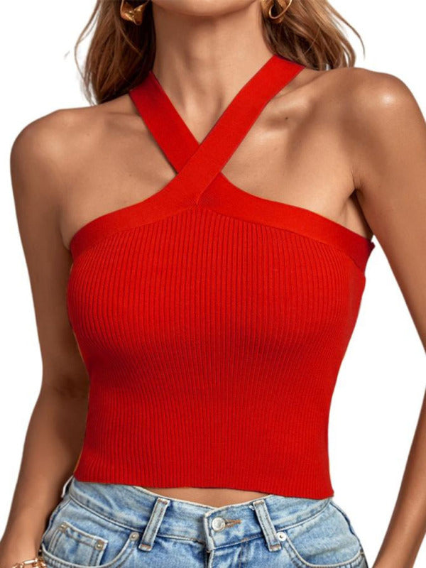 Women's Solid Color Knit Halter Neck Crop Top