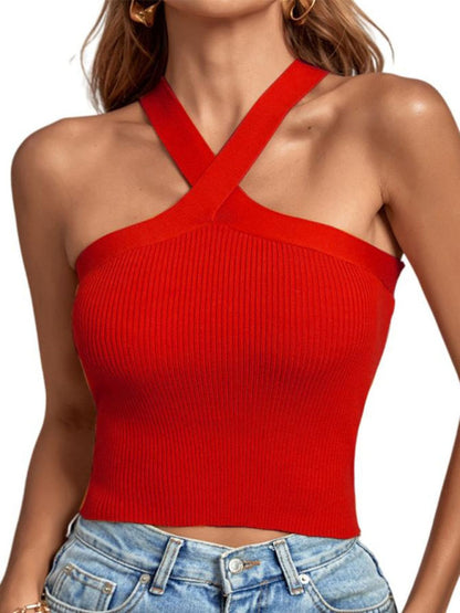 Women's Solid Color Knit Halter Neck Crop Top