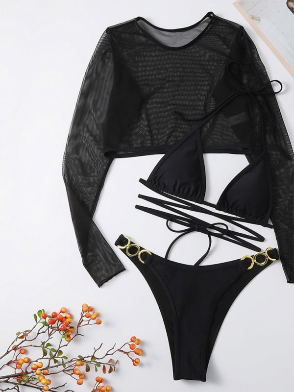 Women's Solid Color High Cut Waist Long Sleeve Cutout Three-Piece Swimsuit