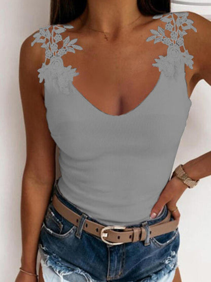 Summer U-neck solid color lace t-shirt top vest