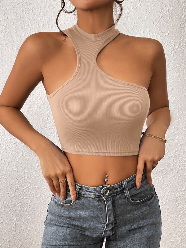 Women's Knitted Round Neck Cropped Asymmetrical Crop Tank Top