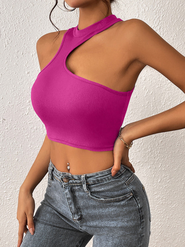 Women's Knitted Round Neck Cropped Asymmetrical Crop Tank Top
