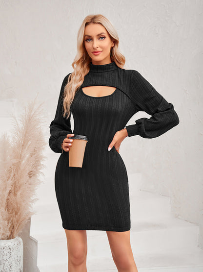 New women's hollow solid color slim long-sleeved hip dress