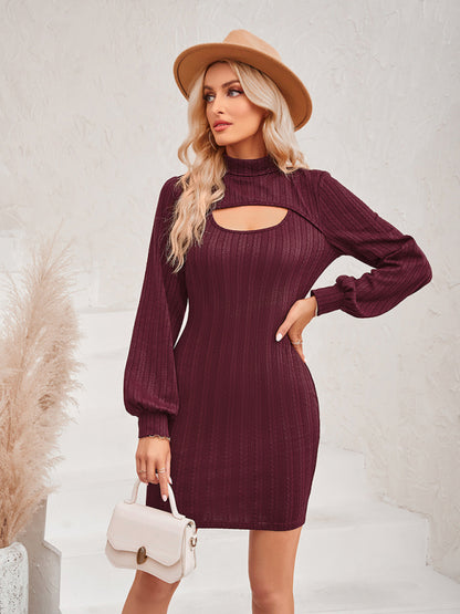 New women's hollow solid color slim long-sleeved hip dress