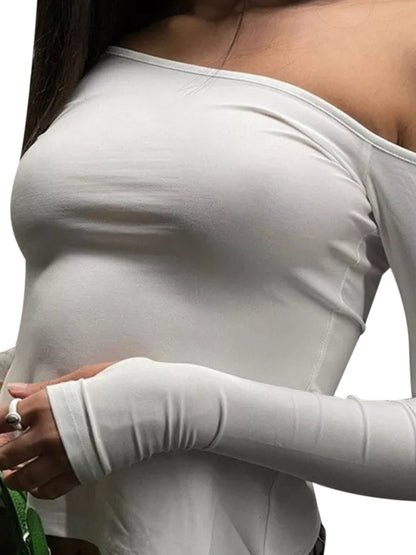Long-sleeved round neck sexy strapless slit ladies T-shirt