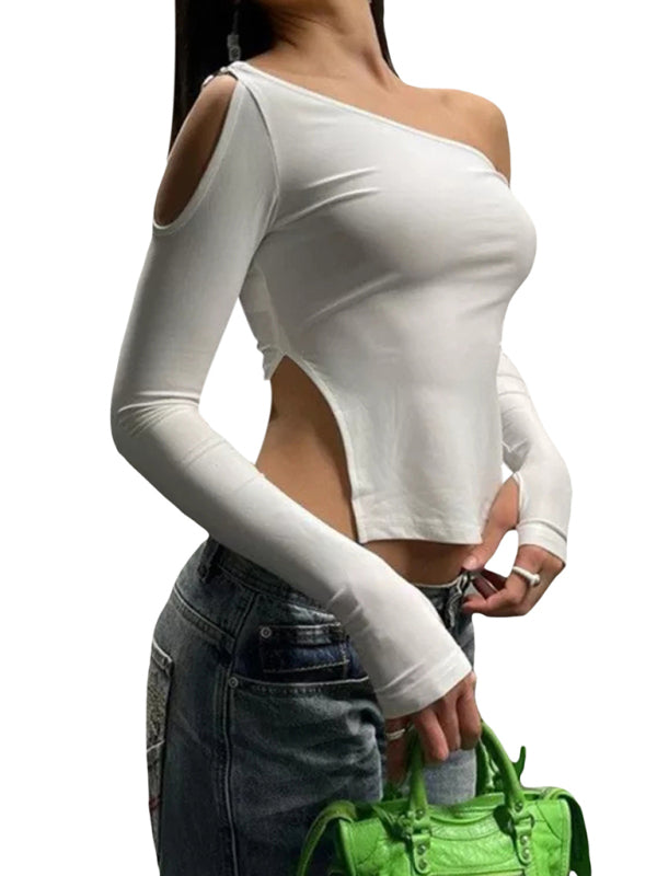 Long-sleeved round neck sexy strapless slit ladies T-shirt